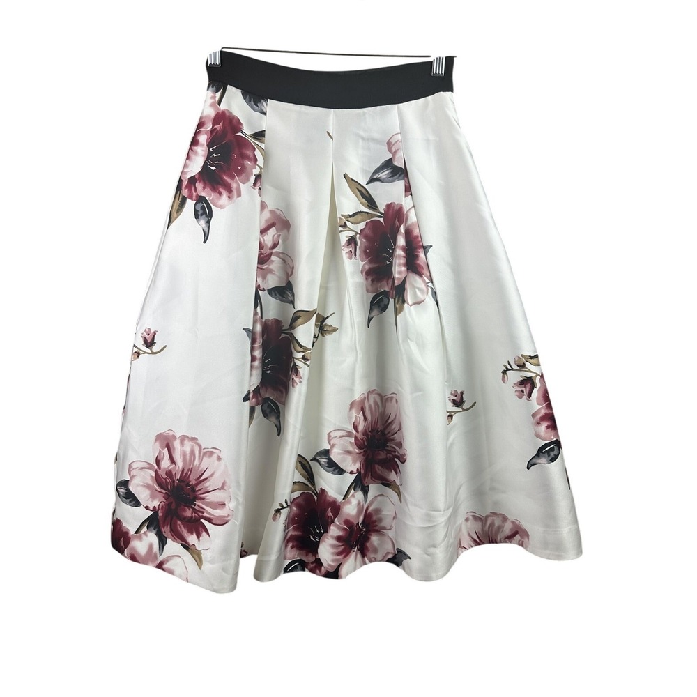 White House Black Market Skirt Womens 4P White Floral Pleated Midi Lined Pockets